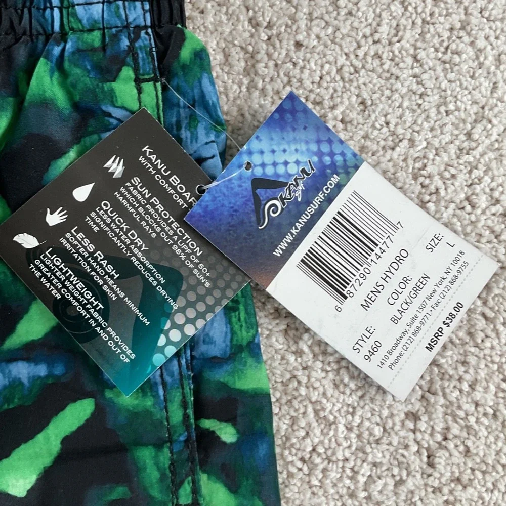 Kanu Surf Mens Hydro Swim Trunks Green Black‎ Abstract Camo Mesh Lined Large NEW